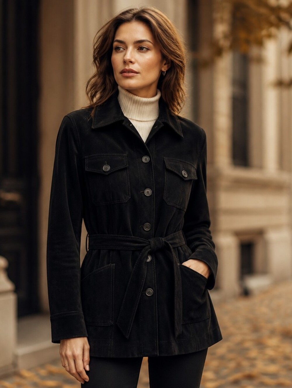 Wilson's Leather Women's Black Suede Utility Jacket with Belt